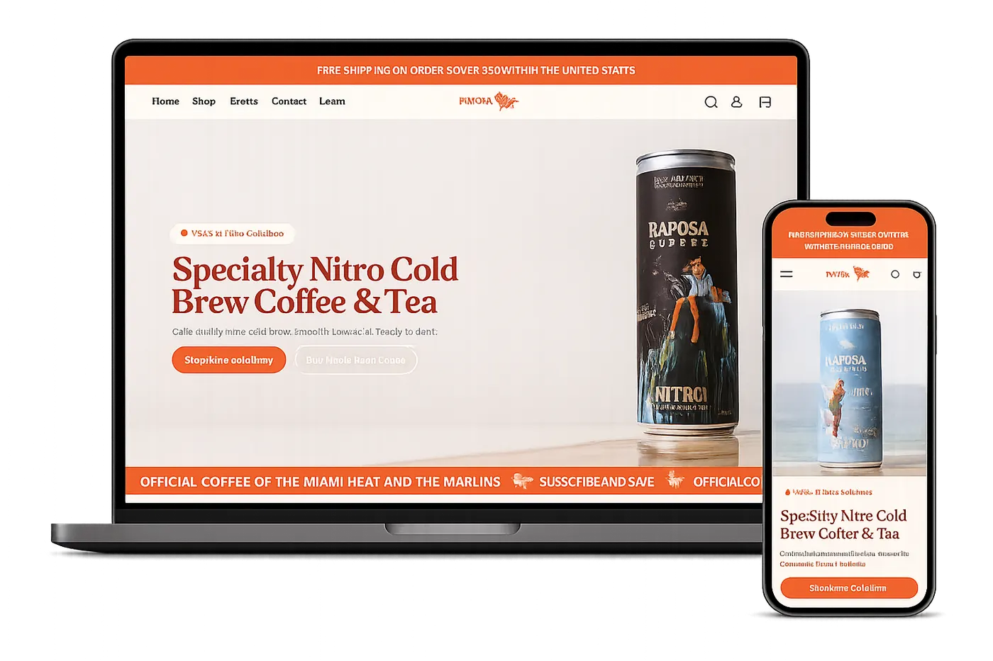Raposa Coffee store shown on laptop and phone mockup